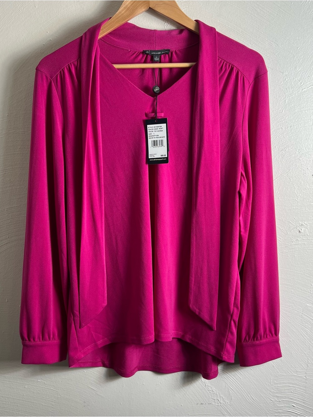 ADRIANNA PAPELL Tie V-neck Long Sleeve Fuchsia Top Womens Large